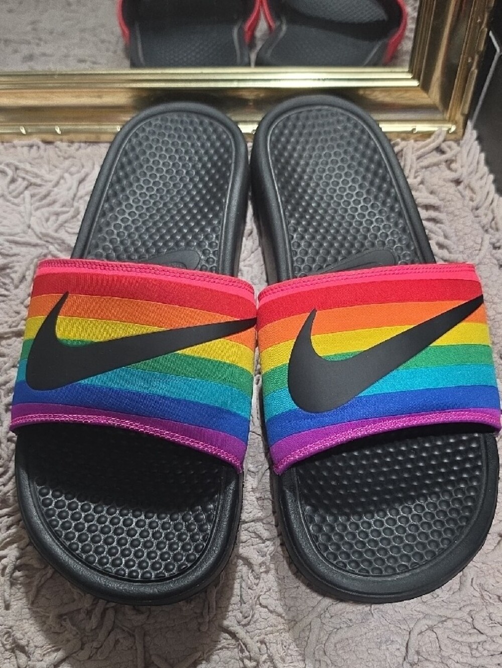 Nike Women's Men's Rainbow Stripe Black Slide Sandals - Picture 2 of 10